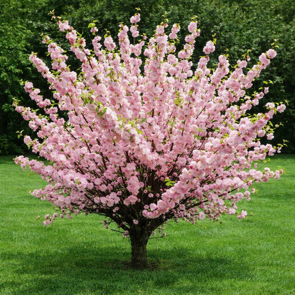 Rózsaszín virágzó babarózsa (Prunus triloba ‘Multiplex’) rendezett füves kertben tavasszal