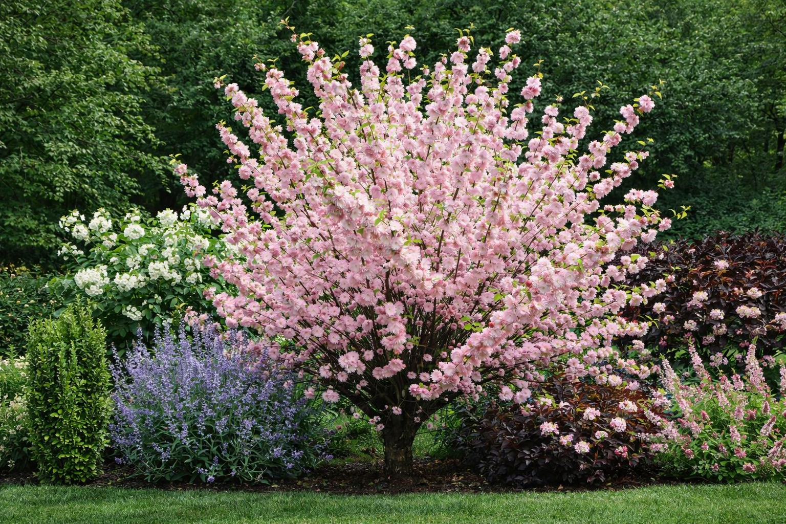 Babarózsa központi dísznövényként díszcserjékkel és évelőkkel kialakított harmonikus kerti kompozícióban