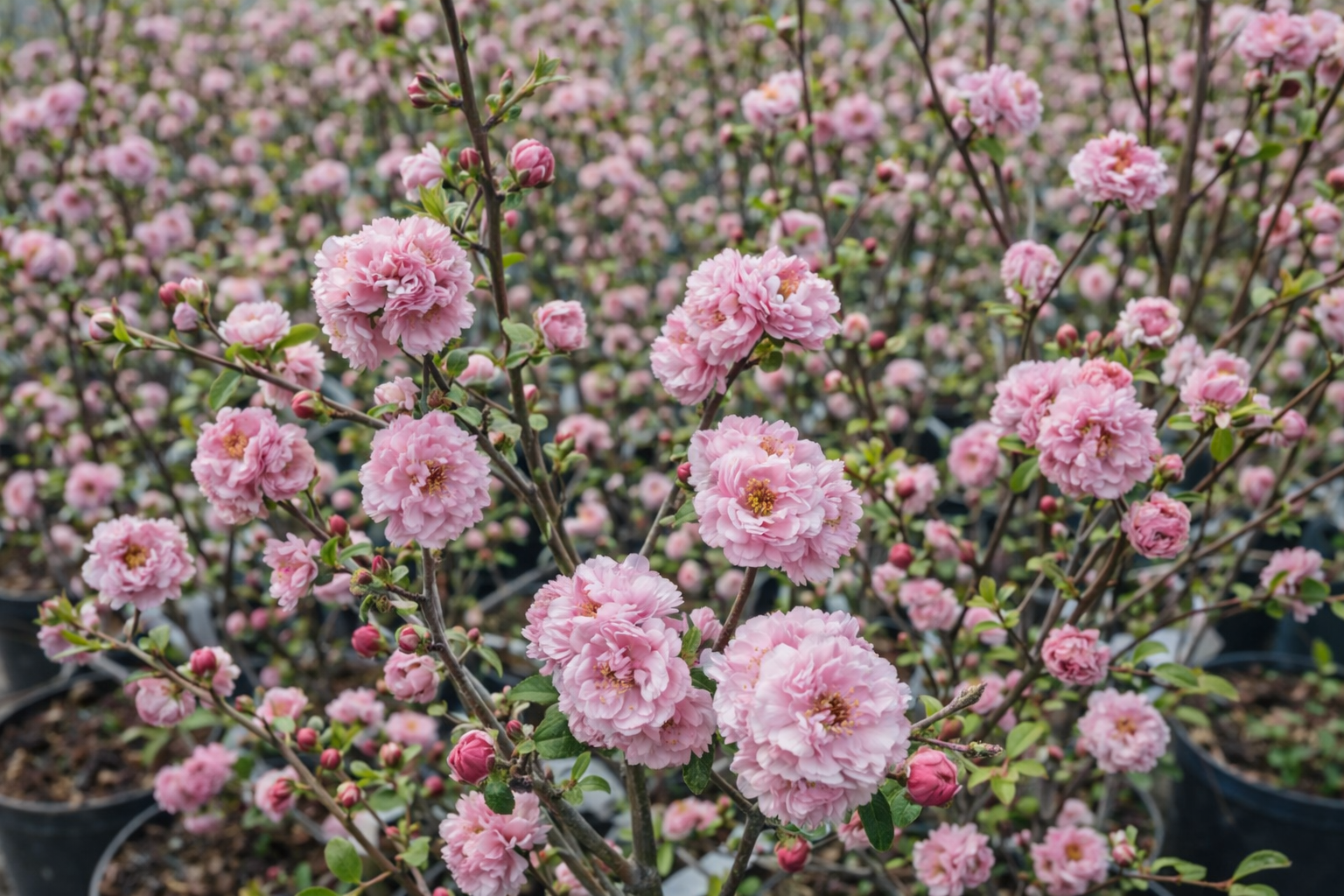 Babarózsa rózsaszín telt virágai közelről (Prunus triloba Multiplex)
