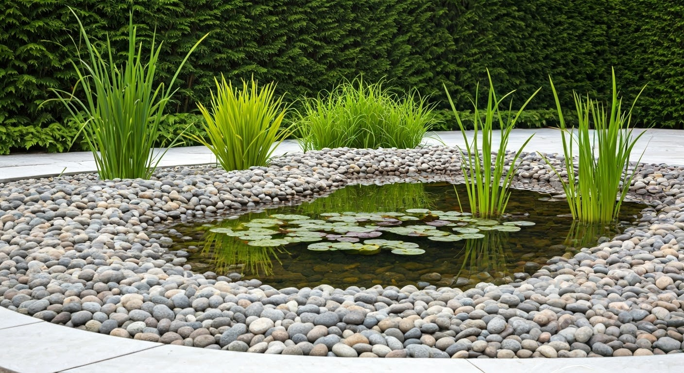 Kerti tó díszkaviccsal körülvéve természetes kertépítési megoldás