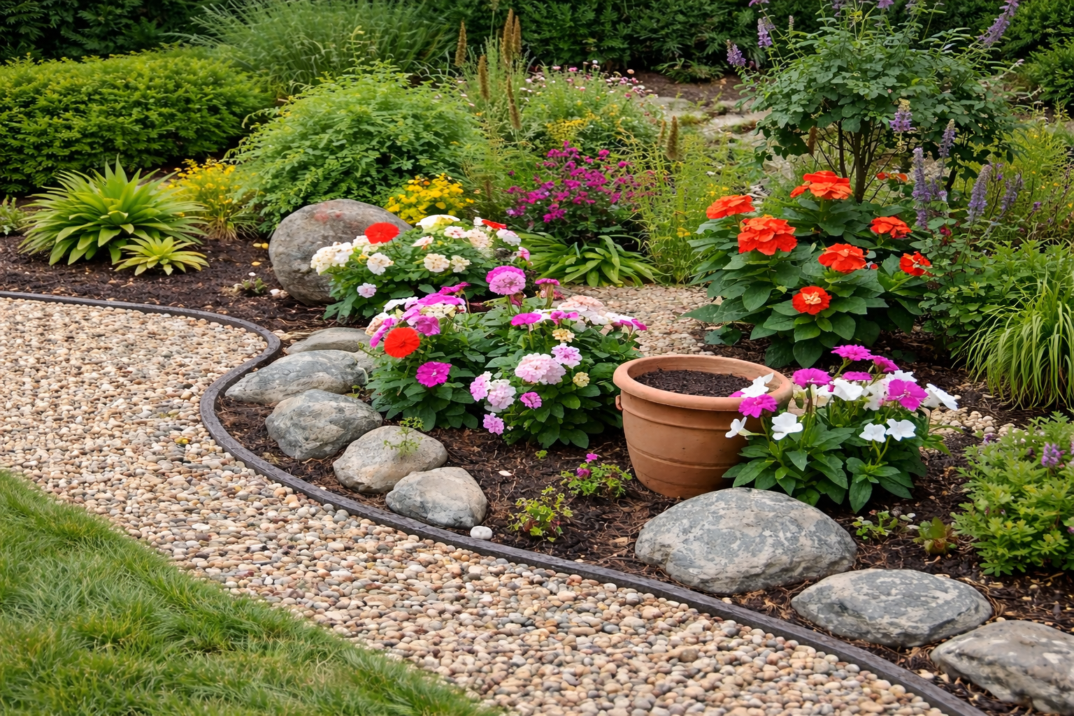 Kerti kavicsos ösvény virágágyással és dekoratív szegéllyel