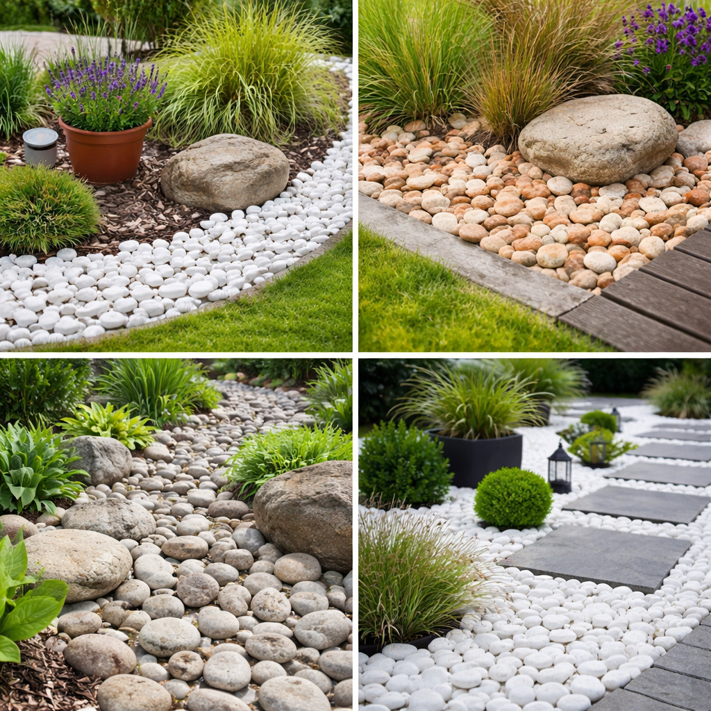 Díszkavics színvilág összehasonlítás fehér és természetes árnyalatokkal modern kertben
