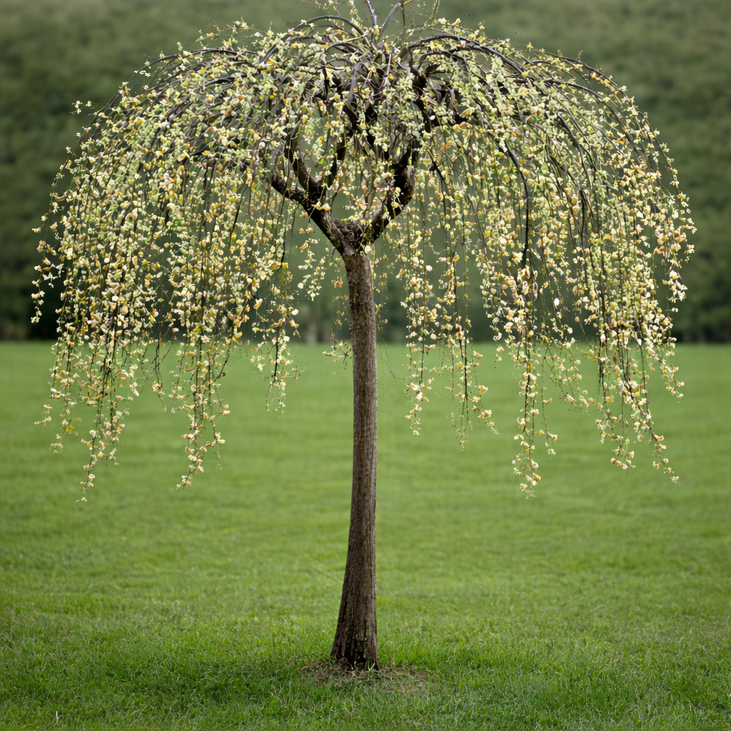 Szomorúfűz díszfa (csüngő fűz) tavasszal, hosszú lelógó ágakkal zöld gyepen parkos környezetben.